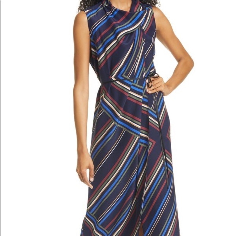 La Ligne Navy/Blue Silk Stripe Cowl Neck Elegant Midi Dress XS New no 🏷️
